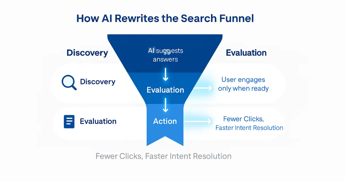 Funnel infographic showing how AI compresses the user journey from discovery to action, reducing clicks and speeding up intent resolution