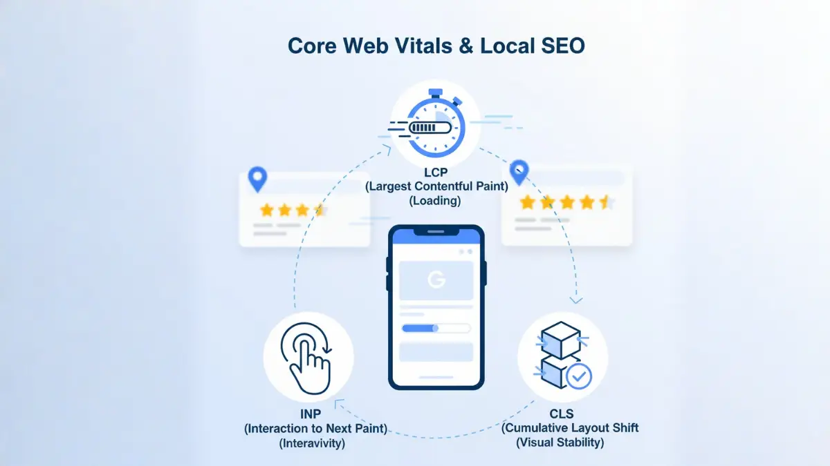 Infographic showing Core Web Vitals—LCP, INP, CLS—impacting local SEO