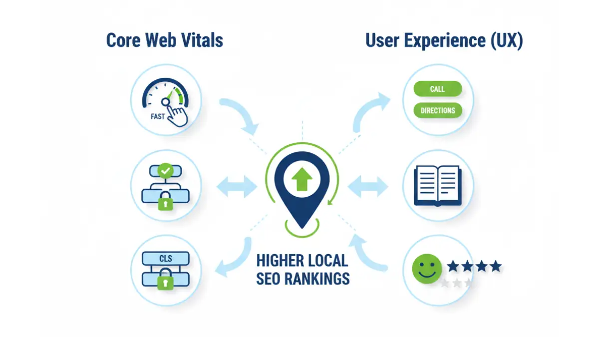 Infographic connecting Core Web Vitals and UX to higher local SEO rankings
