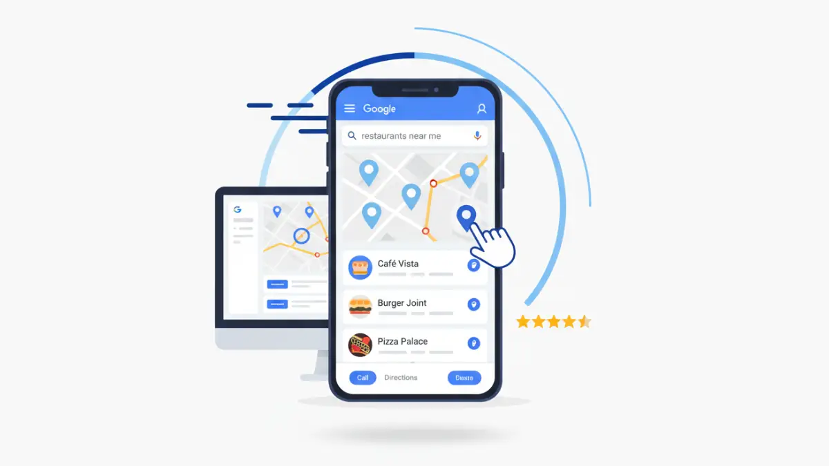 Illustration of a smartphone showing nearby results with pins and listings for mobile-first local SEO