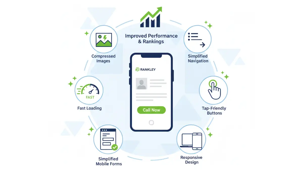 Checklist-style illustration showing compressed images, fast loading, responsive design and tap-friendly buttons