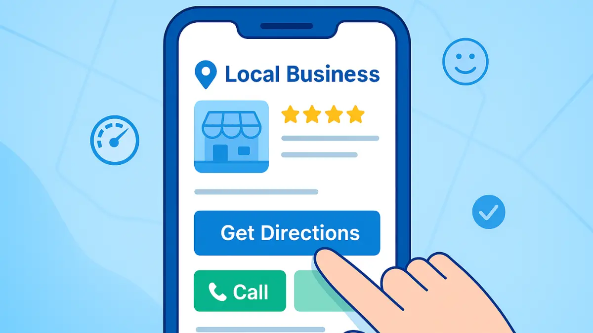 Smartphone showing a local business listing with Get Directions and Call buttons