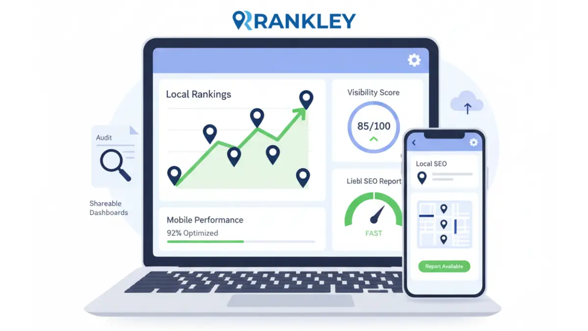 Rankley’s local SEO dashboard showing mobile performance metrics and rankings on laptop and smartphone