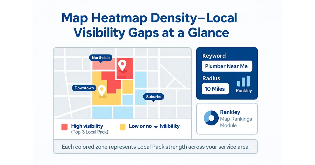 City map heatmap showing strong and weak Local Pack visibility zones across neighborhoods