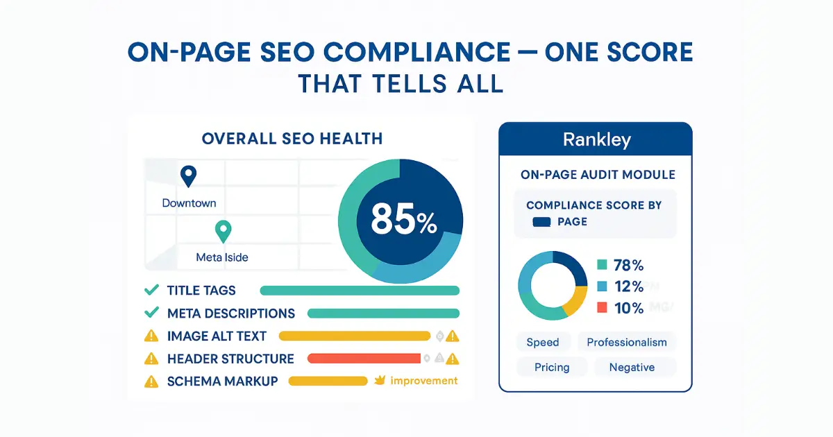 SEO compliance meter showing title tags, meta descriptions, alt text, headers, and schema completeness